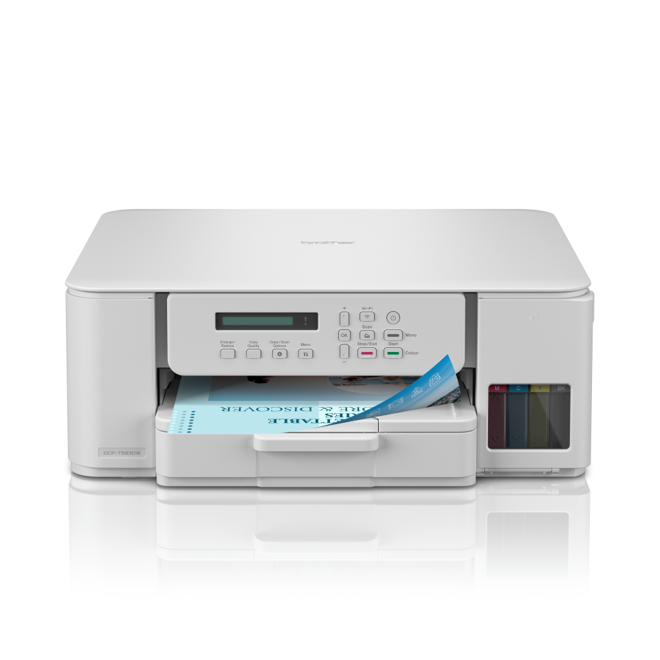 <p>DCP-T583DW facing front with colour output</p>