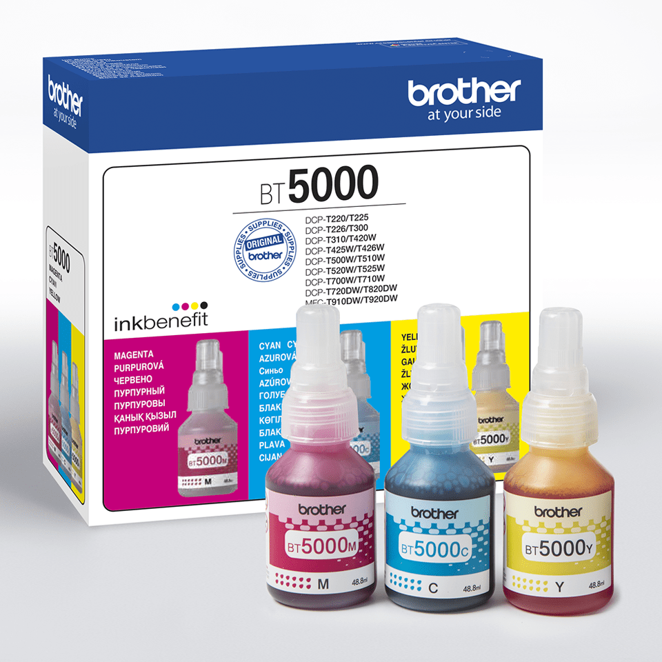 Detail shot of the BT5000CLVAL colour ink bottle multipack carton on white background with 3 ink bottles in the front