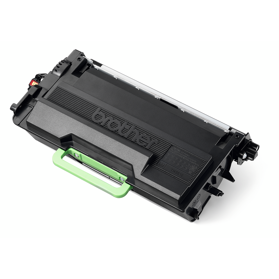 Brother TN3610 black toner cartridge facing left on a white background
