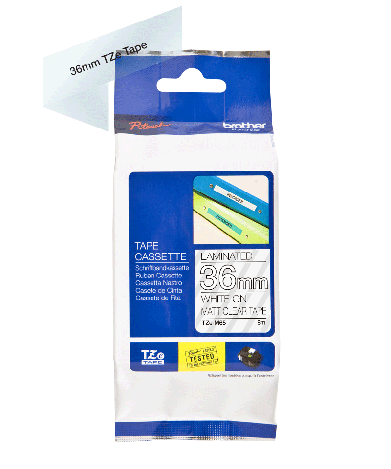 TZe-M65 36mm white on clear matt laminated label tape cassette packaging