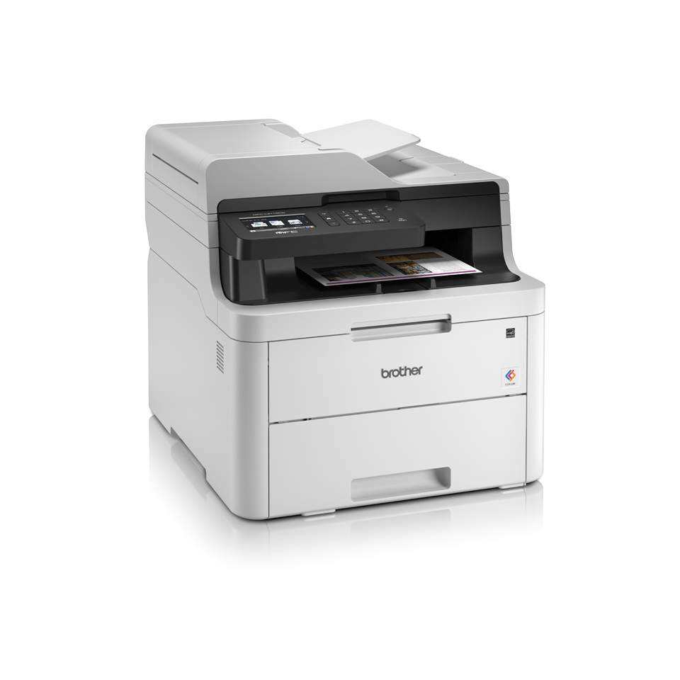MFCL3710CW colour LED wireless printers right facing with paper