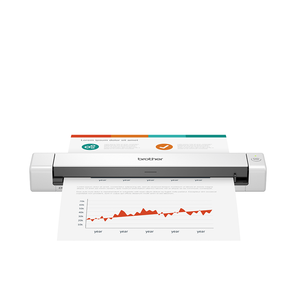 Brother DSmobile DS-640 mobile scanner facing forward with document