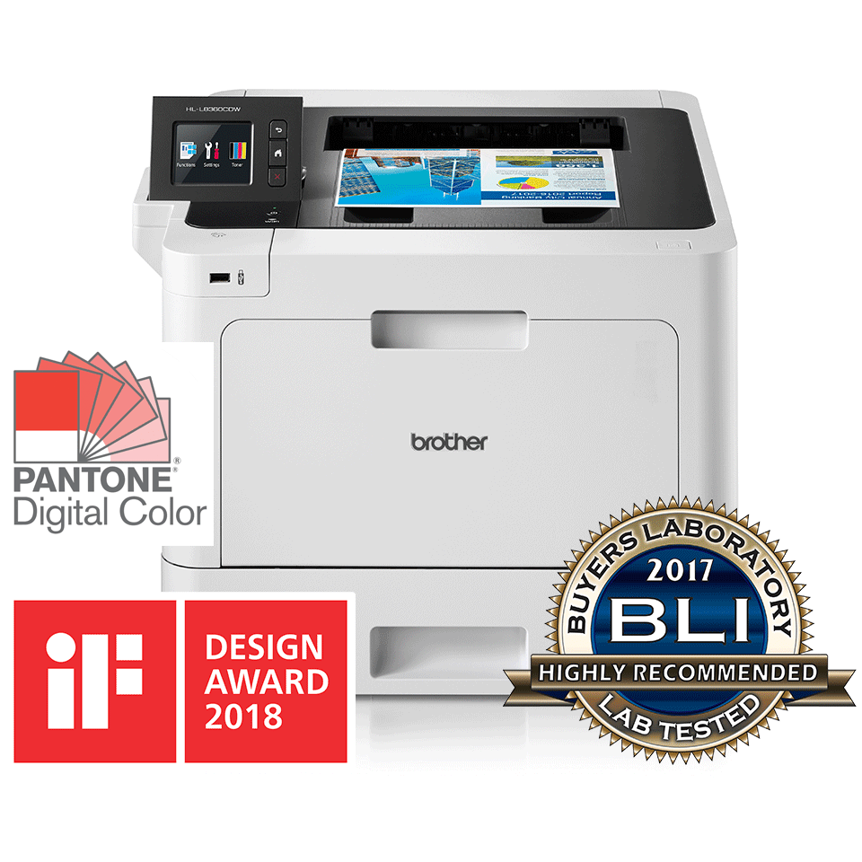 HL-L8360CDW front view and reflection with BLI award logo, IF Design award 2018, Pantone logo