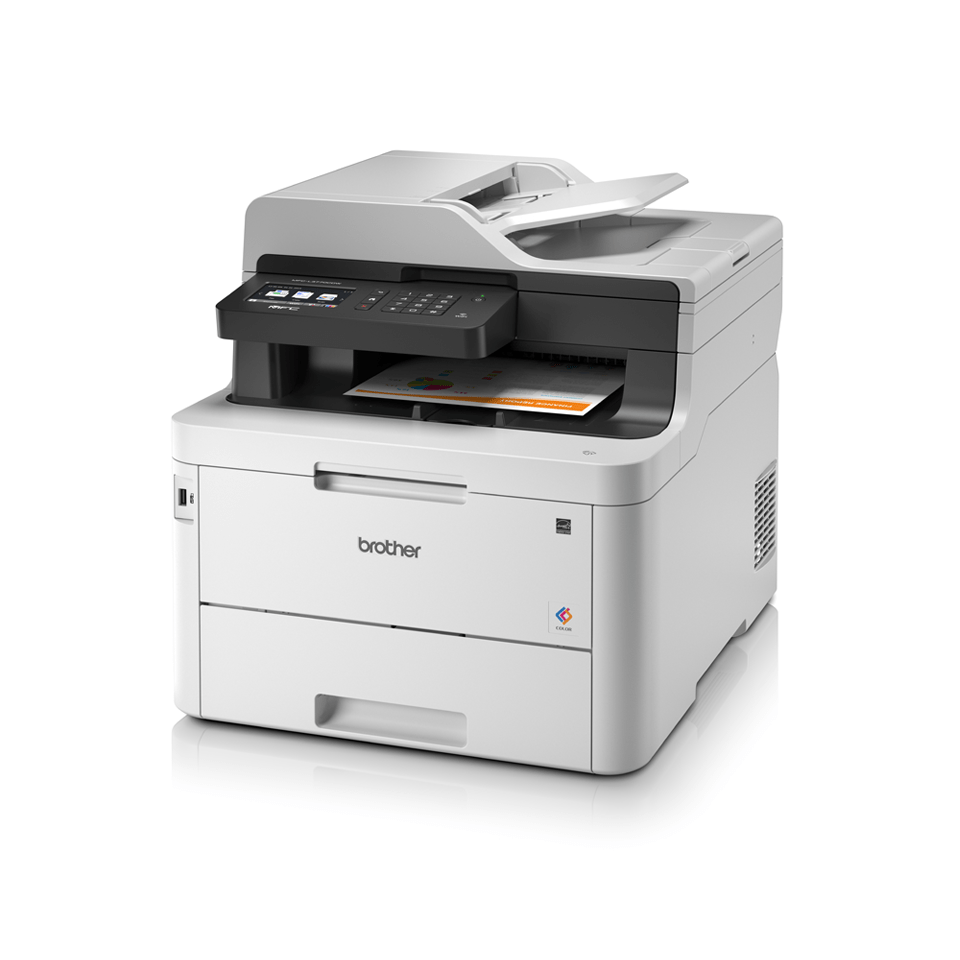 MFCL3770CDW colour LED wireless printers left facing with paper
