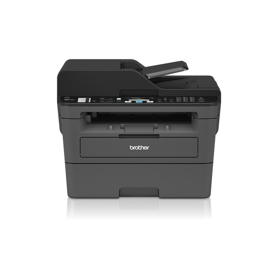 Compact 4-in-1 mono laser printer front with shadow