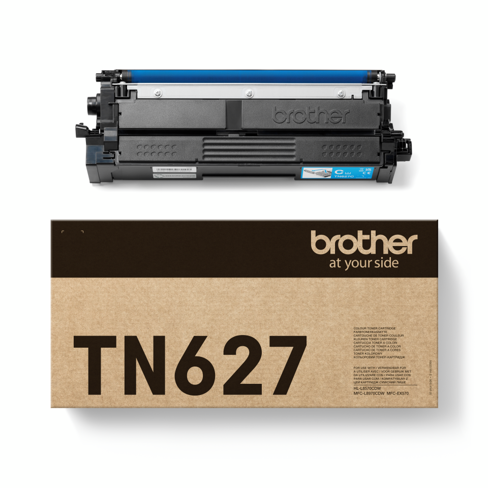 <p>Brother TN627C cyan toner cartridge with carton</p>