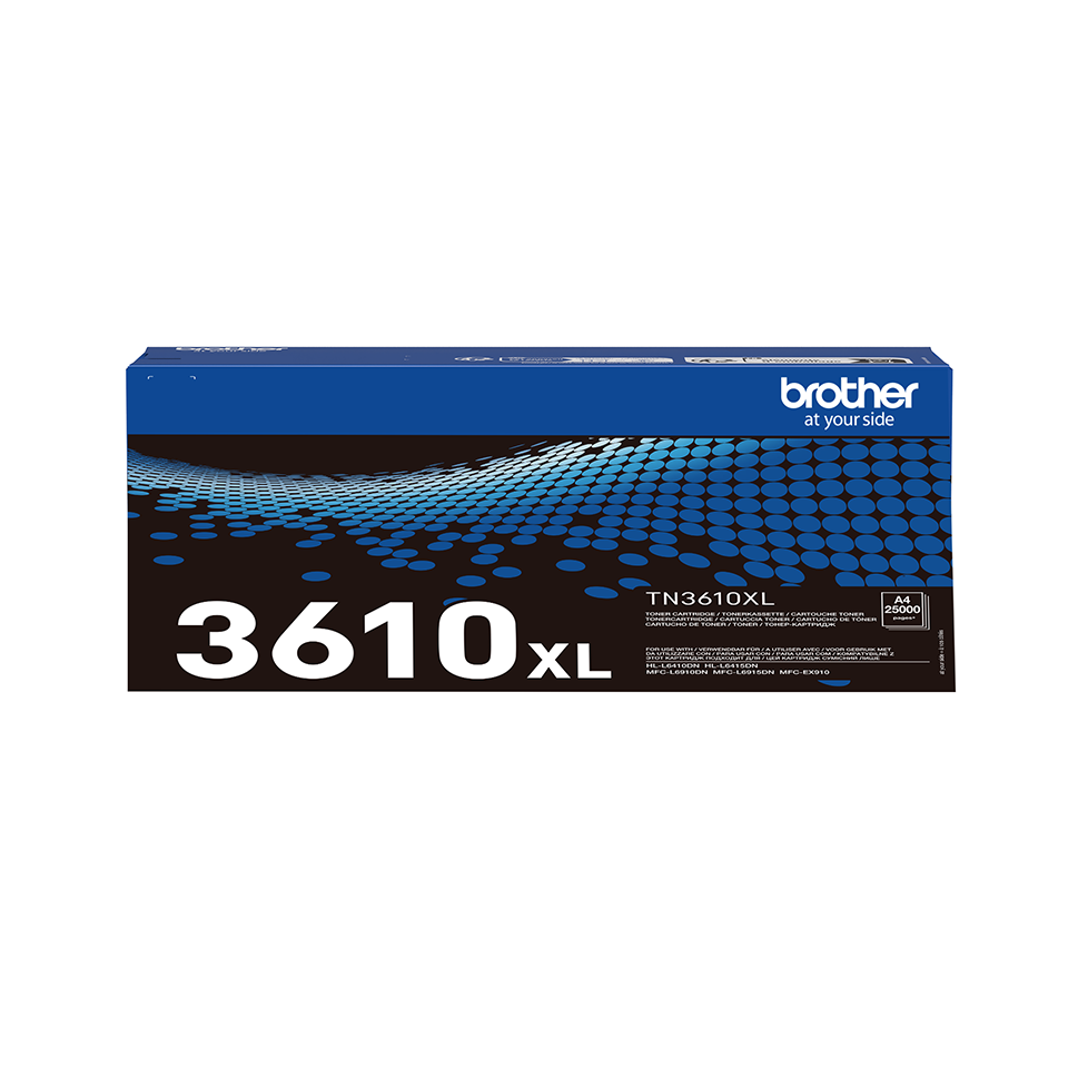 Brother TN3610XL black toner cartridge carton facing front on a white background
