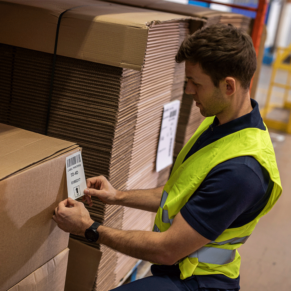 Man in hi-vis labeling shipping label to large box 