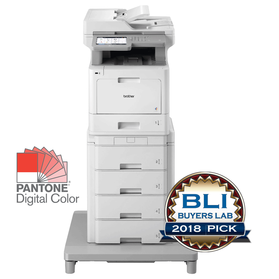 MFC-L9570CDWMT colour multifunction laser printer with tower tray BLI logo, Pantone logo