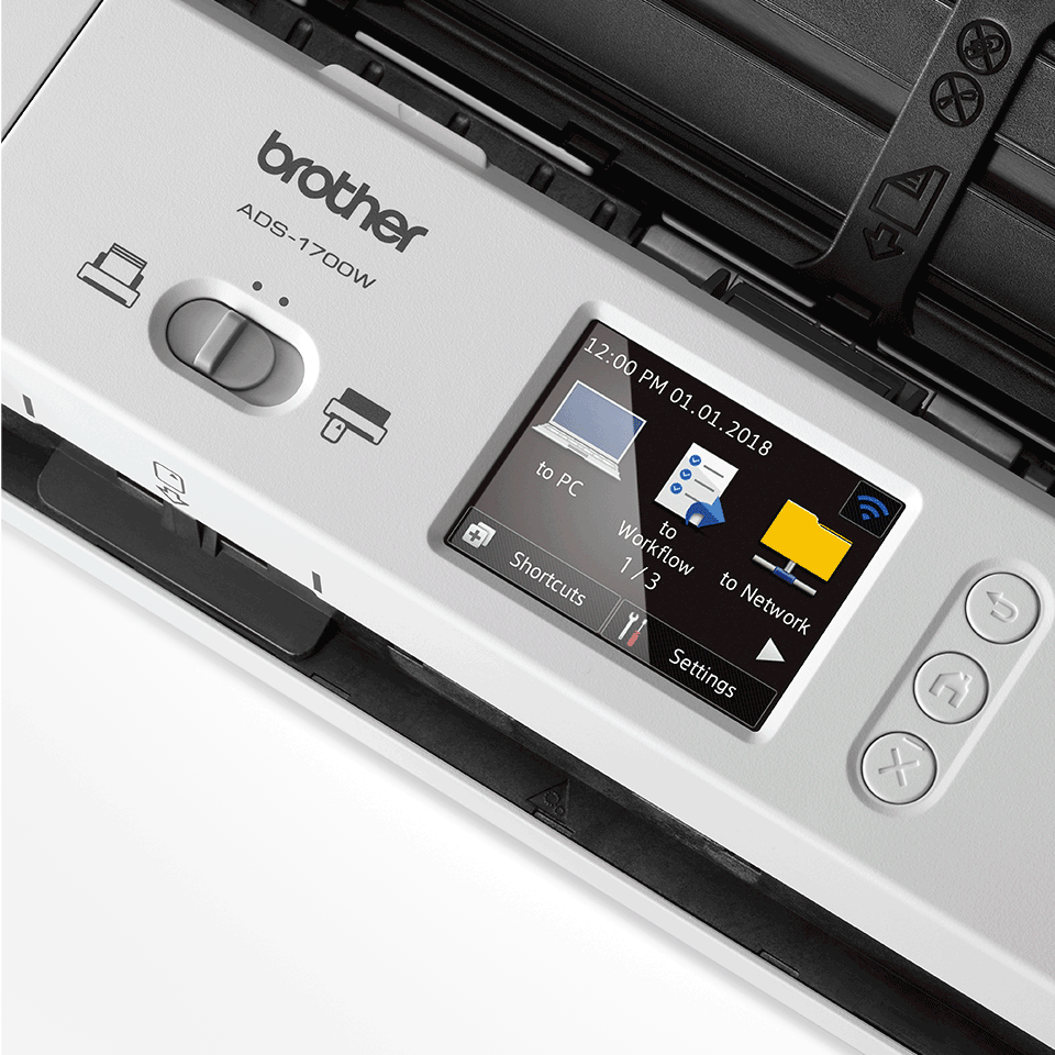 Close-up of touchscreen of ADS-1700W wireless scanner