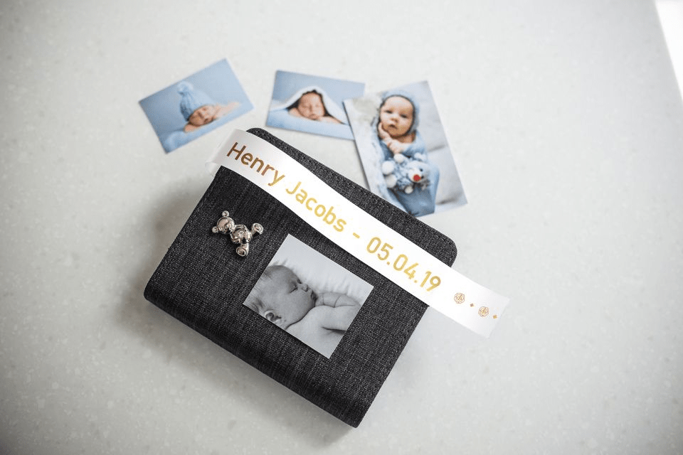 Brother TZe-R254 satin ribbon tape cassette - gold on white - new born baby photo album with the name and date of birth of the baby