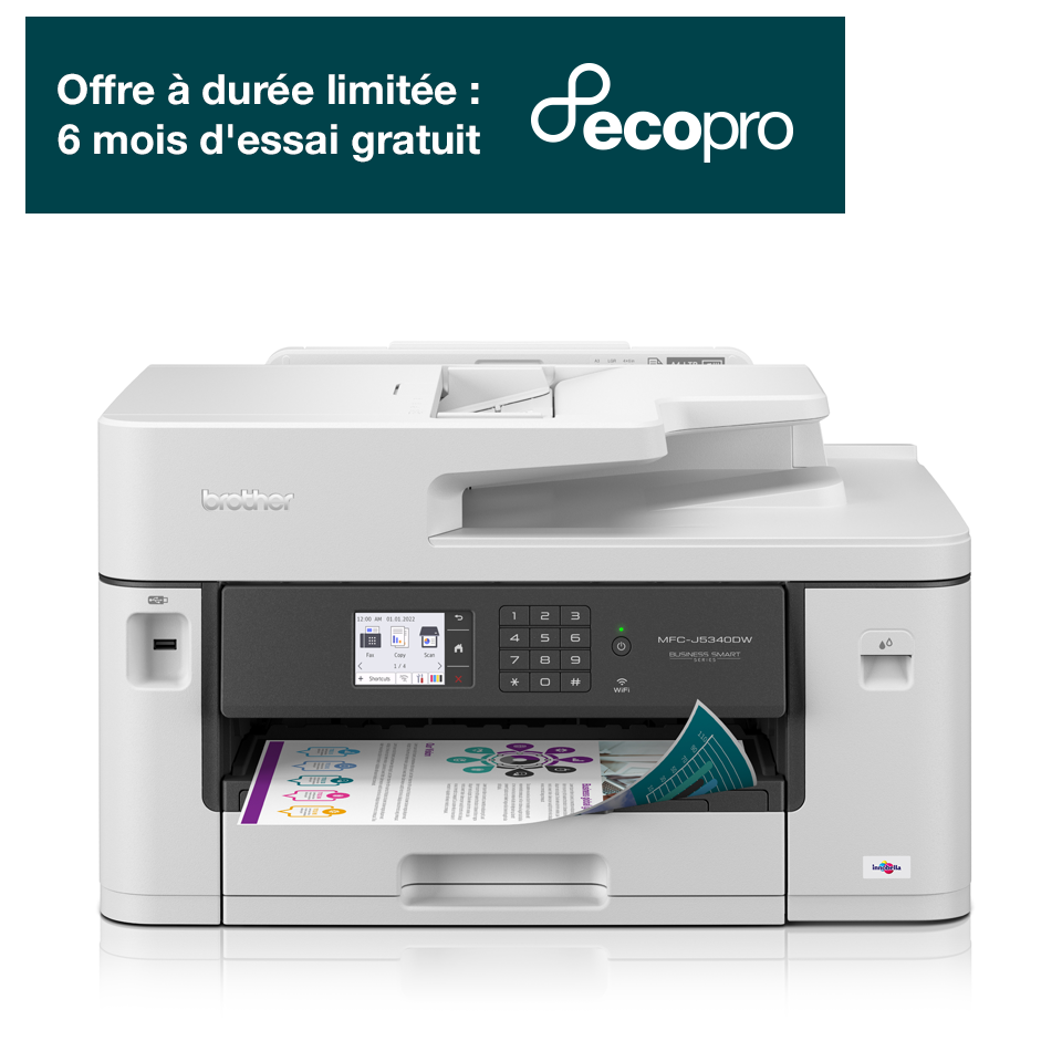 <p>Imprimante jet d&#39;encre multifonction MFC-J5340DW : offre &agrave; dur&eacute;e limit&eacute;e de 6 mois gratuits d&#39;essai au forfait EcoPrp</p>