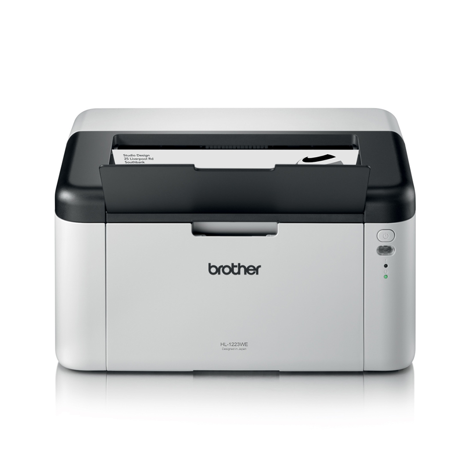 HL1223WE mono laser printer facing forward with document