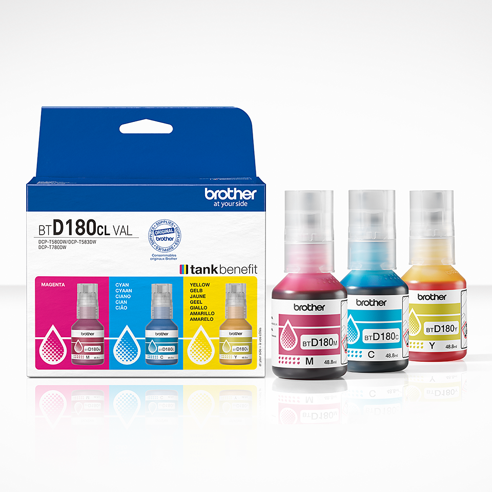<p>BTD180CLVAL magenta, cyan and yellow ink bottles and carton</p>