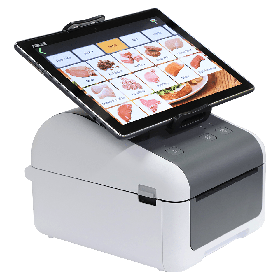 Side view of TD4HOLDERU1 tablet holder on TD-4 printer with tablet displaying food items