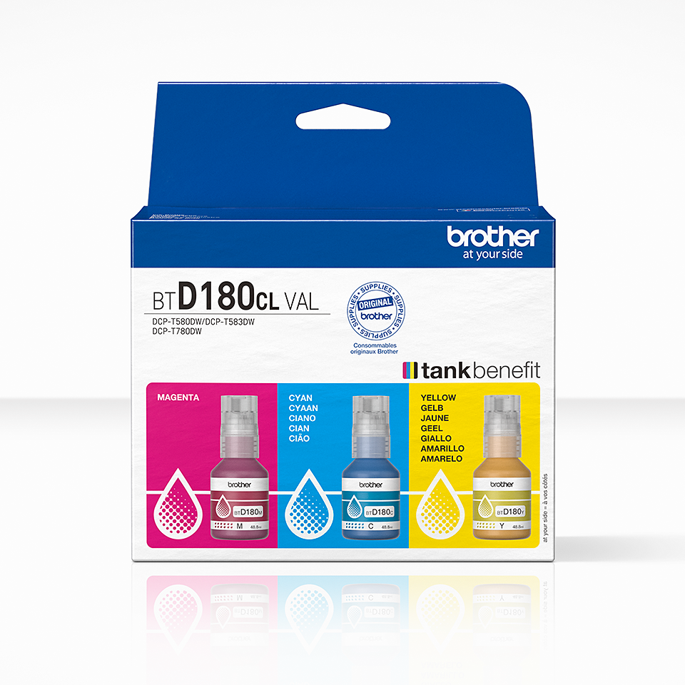 <p>BTD180CLVAL magenta, cyan and yellow ink bottles carton</p>