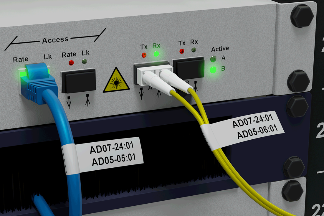 Brother black on white  P-touch Pro Tape flexible ID labels identifying copper and optical fibre cables