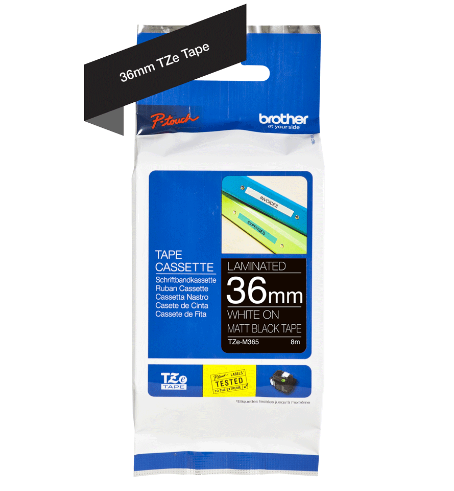 TZe-M365 36mm white on black matt laminated label tape cassette packaging