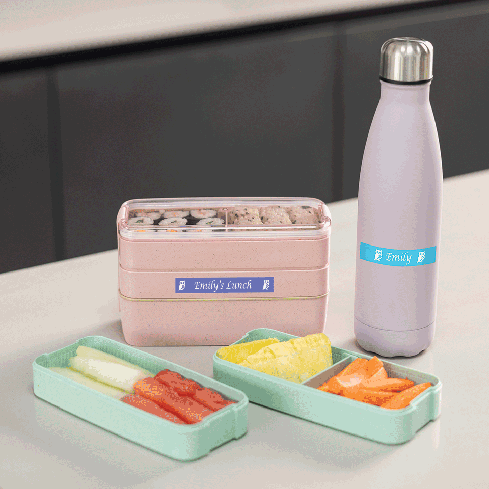 <p>Personal water bottle and bento box labelled with name tags using Btag coloured 12mm tapes&nbsp;</p>