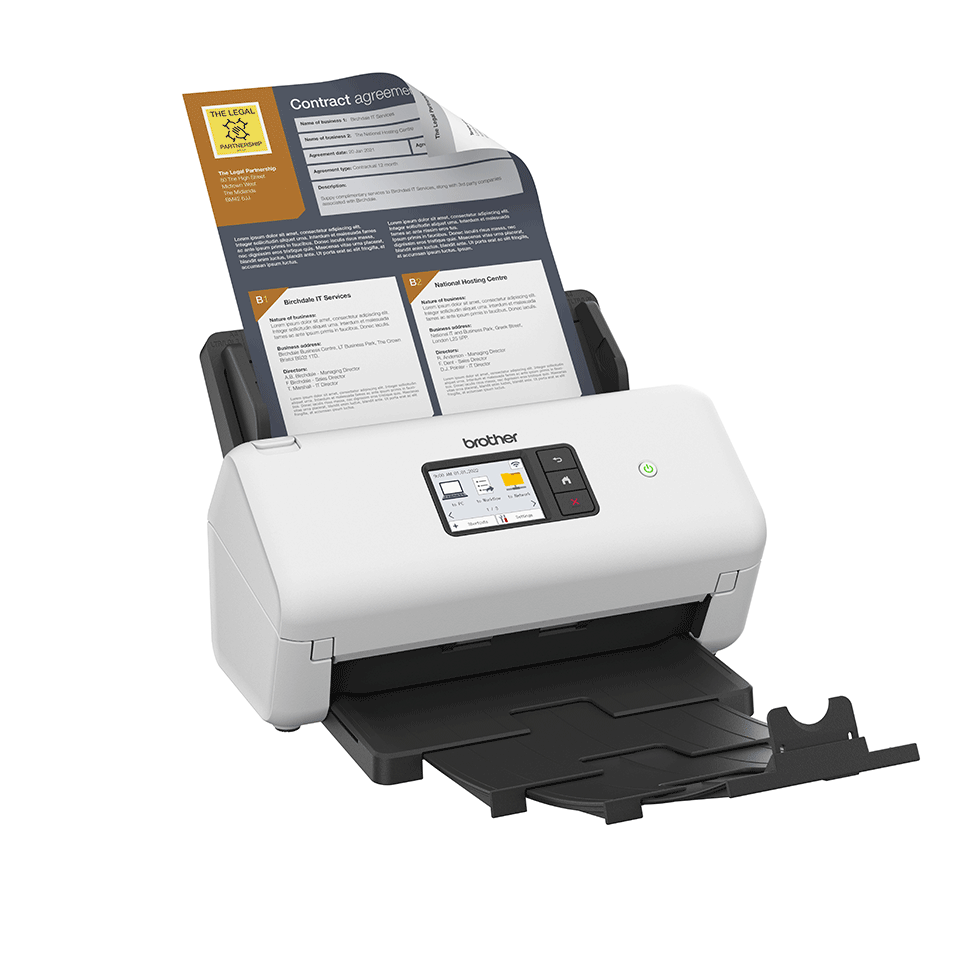 <p>ADS4550W desktop scanner device facing right with colour output in tray</p>