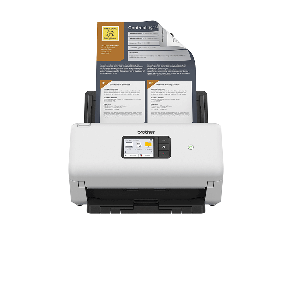 <p>ADS4550W desktop scanner device facing forward with colour output in tray</p>