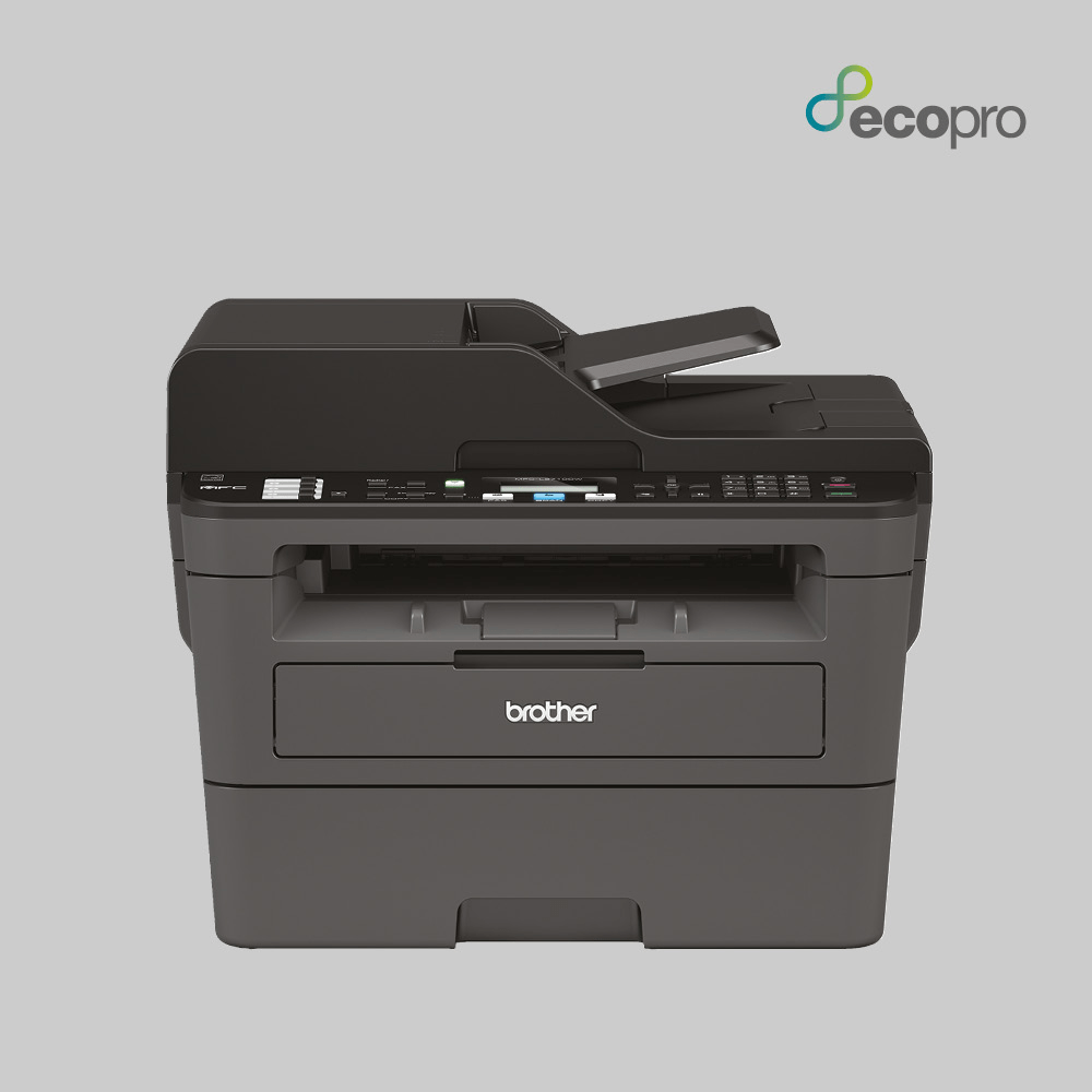 Compact 4-in-1 mono laser printer on light grey EcoPro background