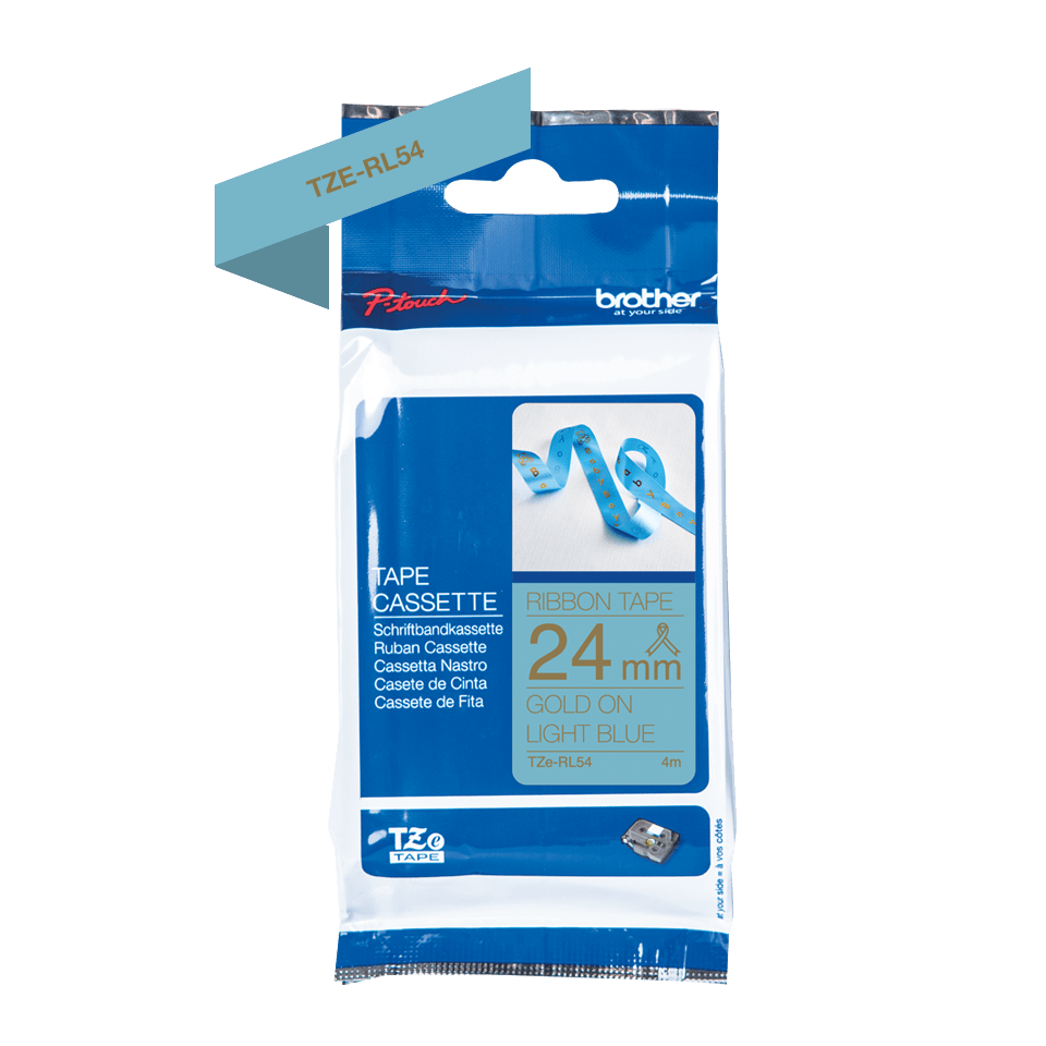 TZe-RL54 24mm gold on light blue TZe ribbon tape packaging