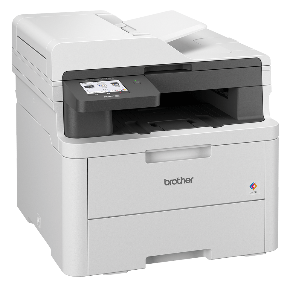 Brother MFC-L3740CDWE LED printer facing left on a white background