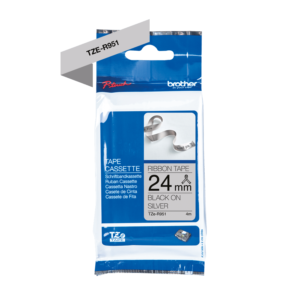 TZe-R951 24mm black on silver TZe ribbon tape packaging