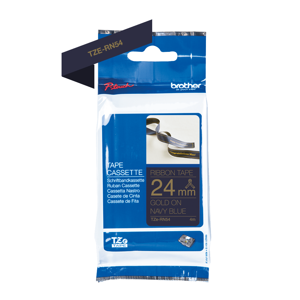 TZe-RN54 24mm gold on navy blue TZe ribbon tape packaging