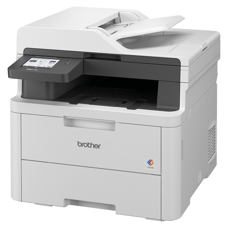 Brother MFC-L3740CDWE LED printer facing left on a white background