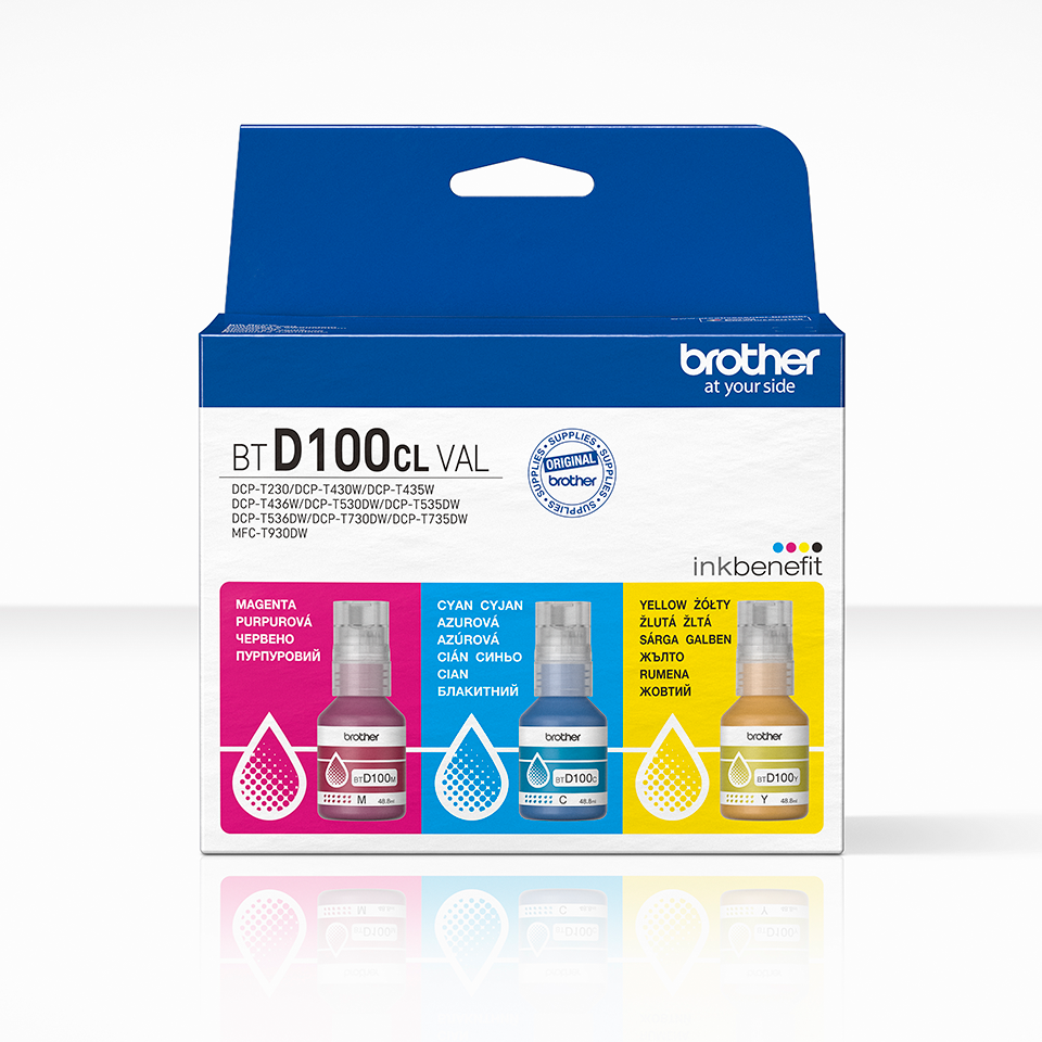 <p>BTD100CLVAL magenta, cyan and yellow ink bottle multipack carton</p>