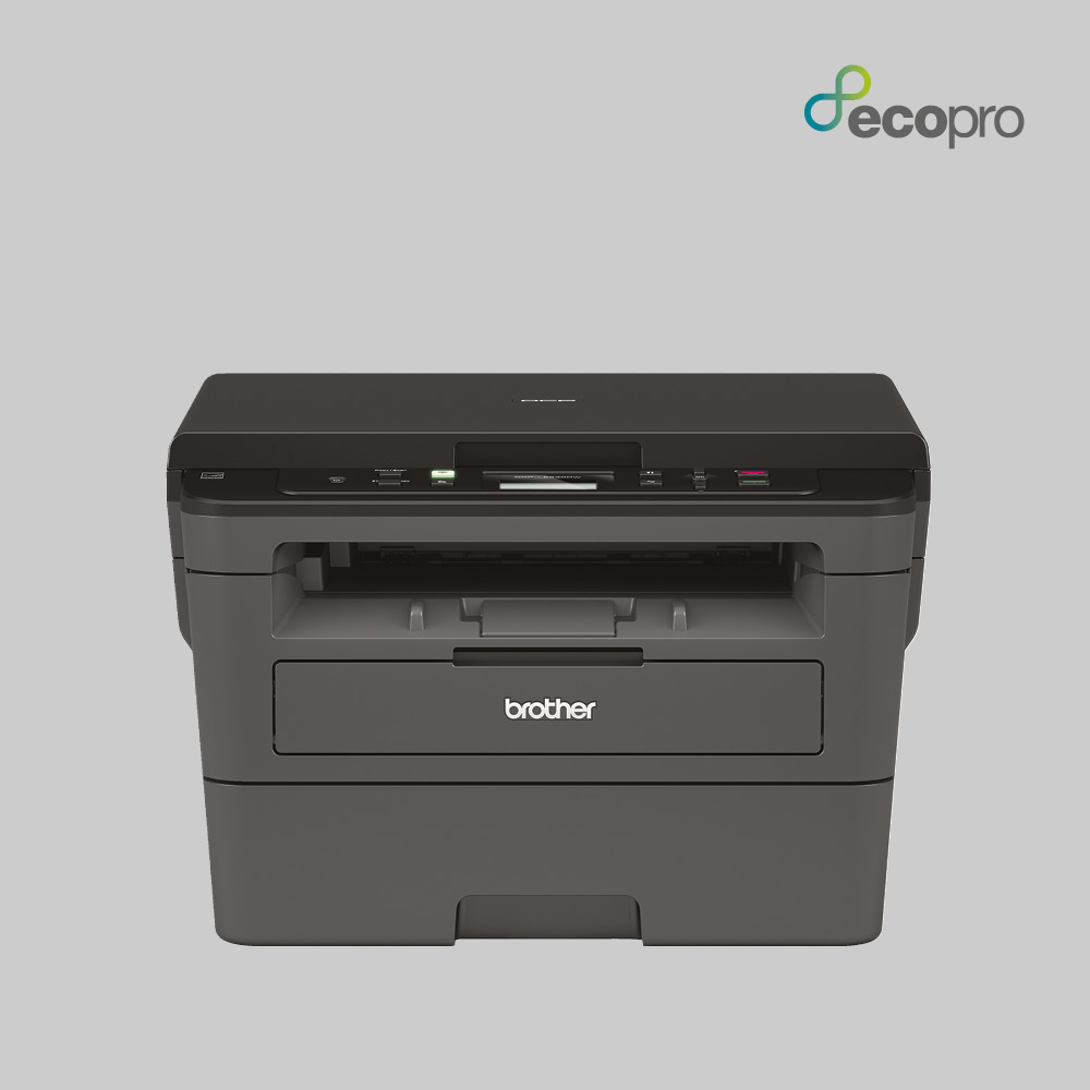 Compact 3-in-1 mono laser printer on light grey EcoPro background