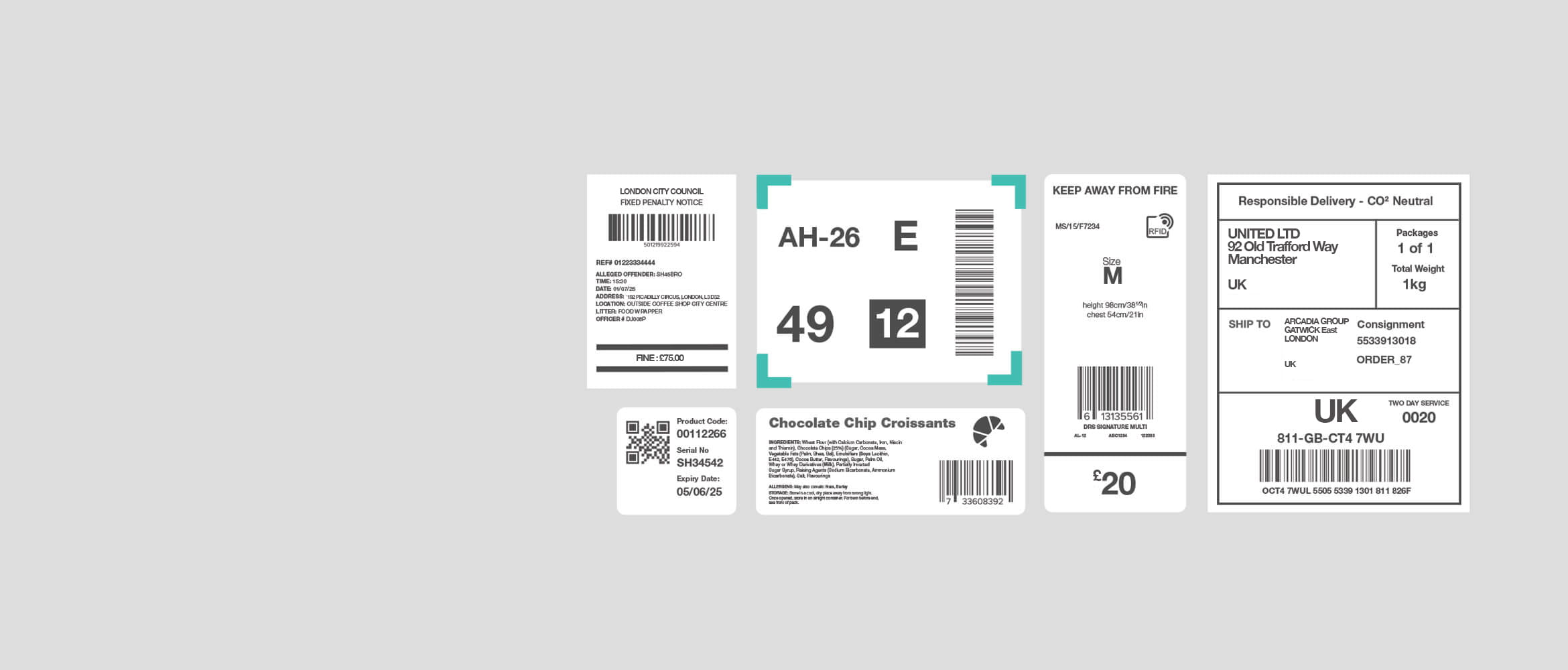 Selection of illustrated barcode labels on a grey background