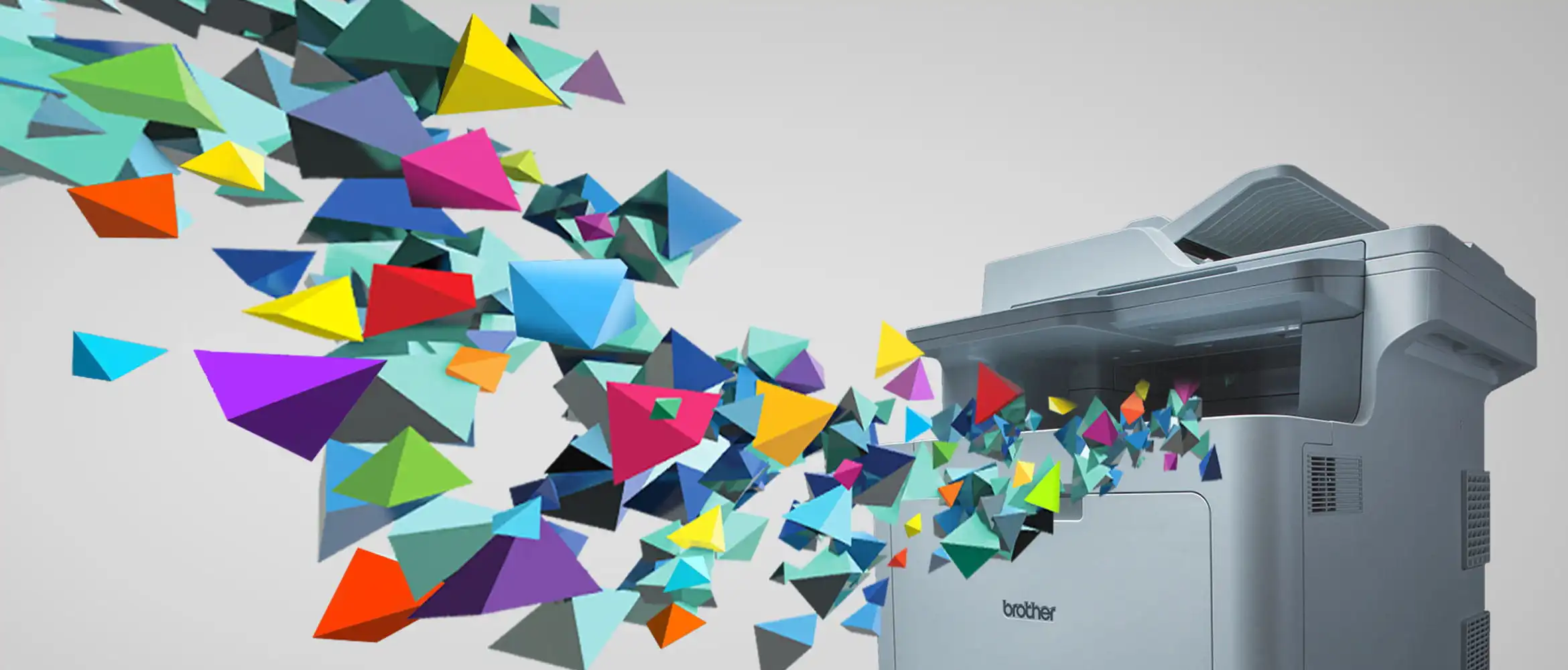 Изображение на принтер Brother с цветни парчета, летящи от него