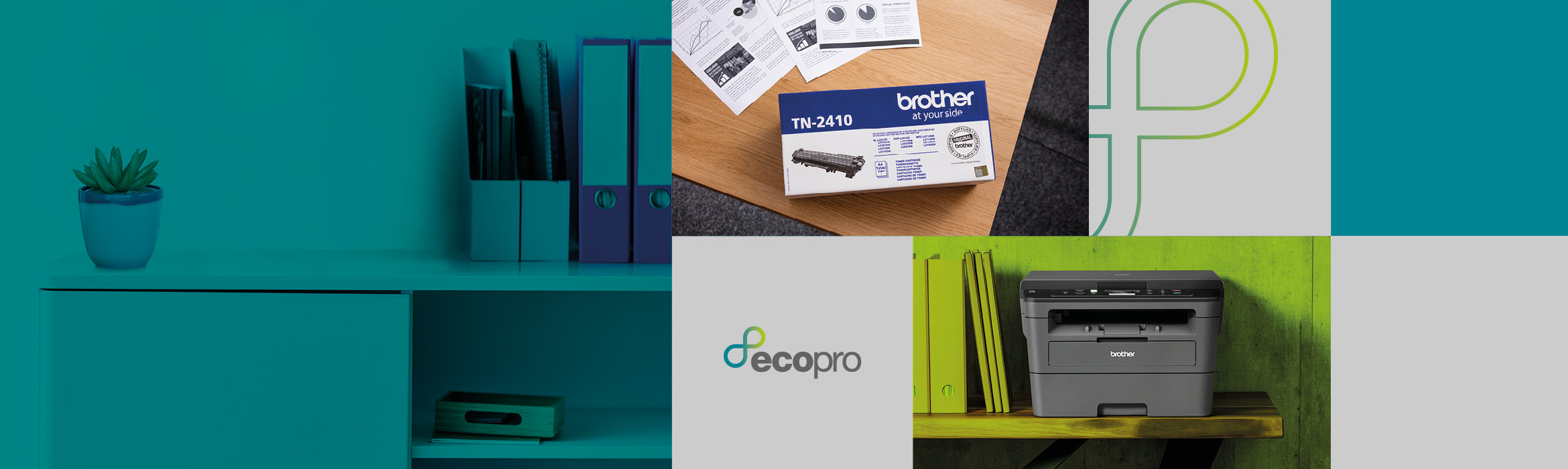 Tiled images displaying a Brother printer, the EcoPro logo, and a box of supplies