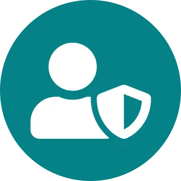 Icône représentant une personne et un bouclier blancs sur fond de bleu vert - sûreté - sécurité