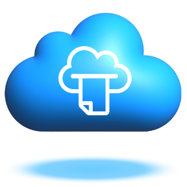 Floating blue cloud graphic with a white cloud print icon