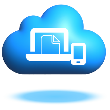 Floating blue cloud graphic with a white mobile devices icon