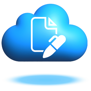 Floating blue cloud graphic with a white document edit icon