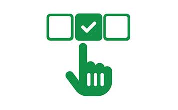 Green hand icon pointing to green box with white tick, 2 green boxes without ticks