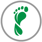 Green footprint icon on a white circular background with grey border