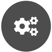 Three cogs on a grey circle background