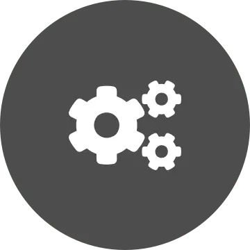 White cogs icon on grey circular background