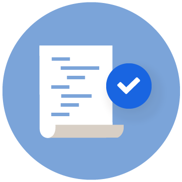 Icon of paper with writing with a tick on a blue circle background