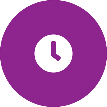 White clock icon on a round purple background