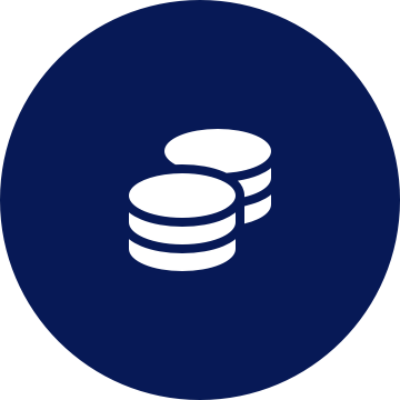 White coins icon on a round dark blue background