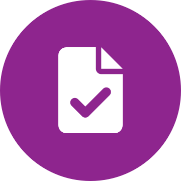 White file check icon on a round purple background