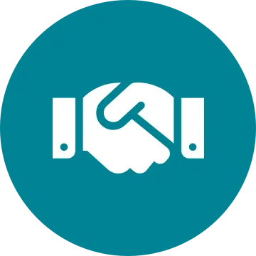 White handshake icon on a round teal background