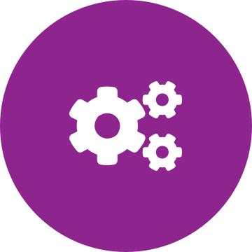 White cogs icon on a round purple background